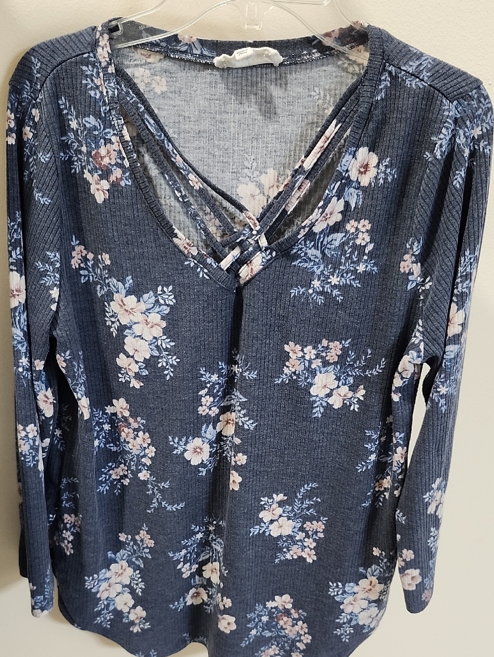 Cloud Chaser Navy Floral Crisscross V‑Neck Long Sleeve Top with Pink Accents